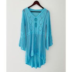 Boho Crochet Knit Mini Dress Turquoise Blue Beach Cover-Up